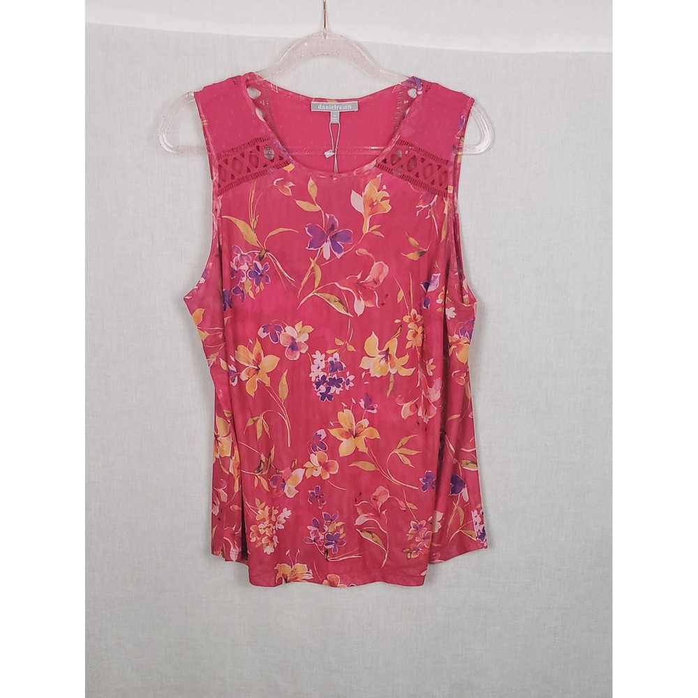 Daniel Rainn Garden Floral Mesh Sleeveless Blouse Swiss Dot Crochet Plus 1X Pink